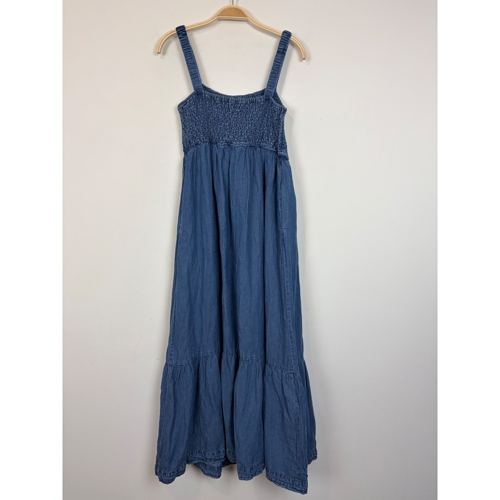 Marine Layer Selene Maxi Dress Medium Chambray Blue Smocked Tiered Linen Blend - Picture 8 of 11